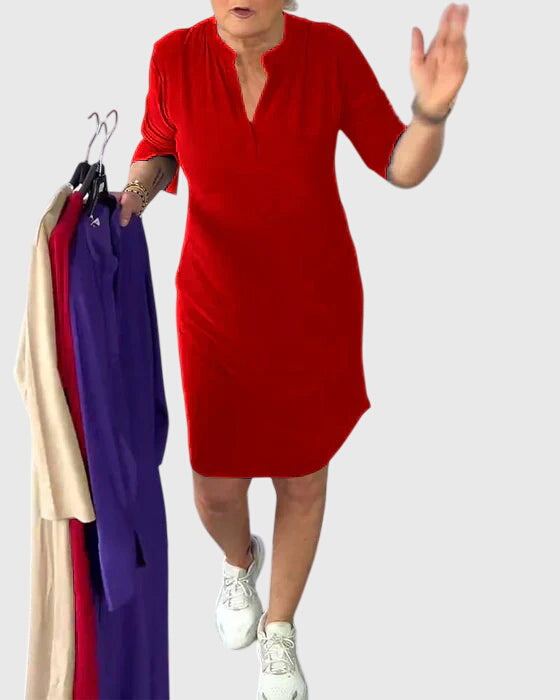 Raffaela | Unifarbenes Kleid mit V-Ausschnitt